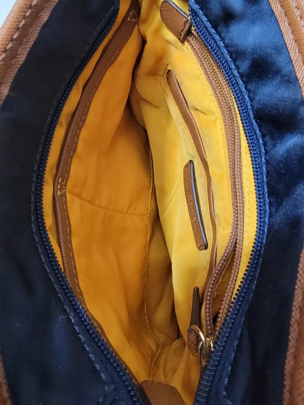 Michael Kors Kempton Navy Nylon Crossbody Bag Leather Trim Gold MK Medallion